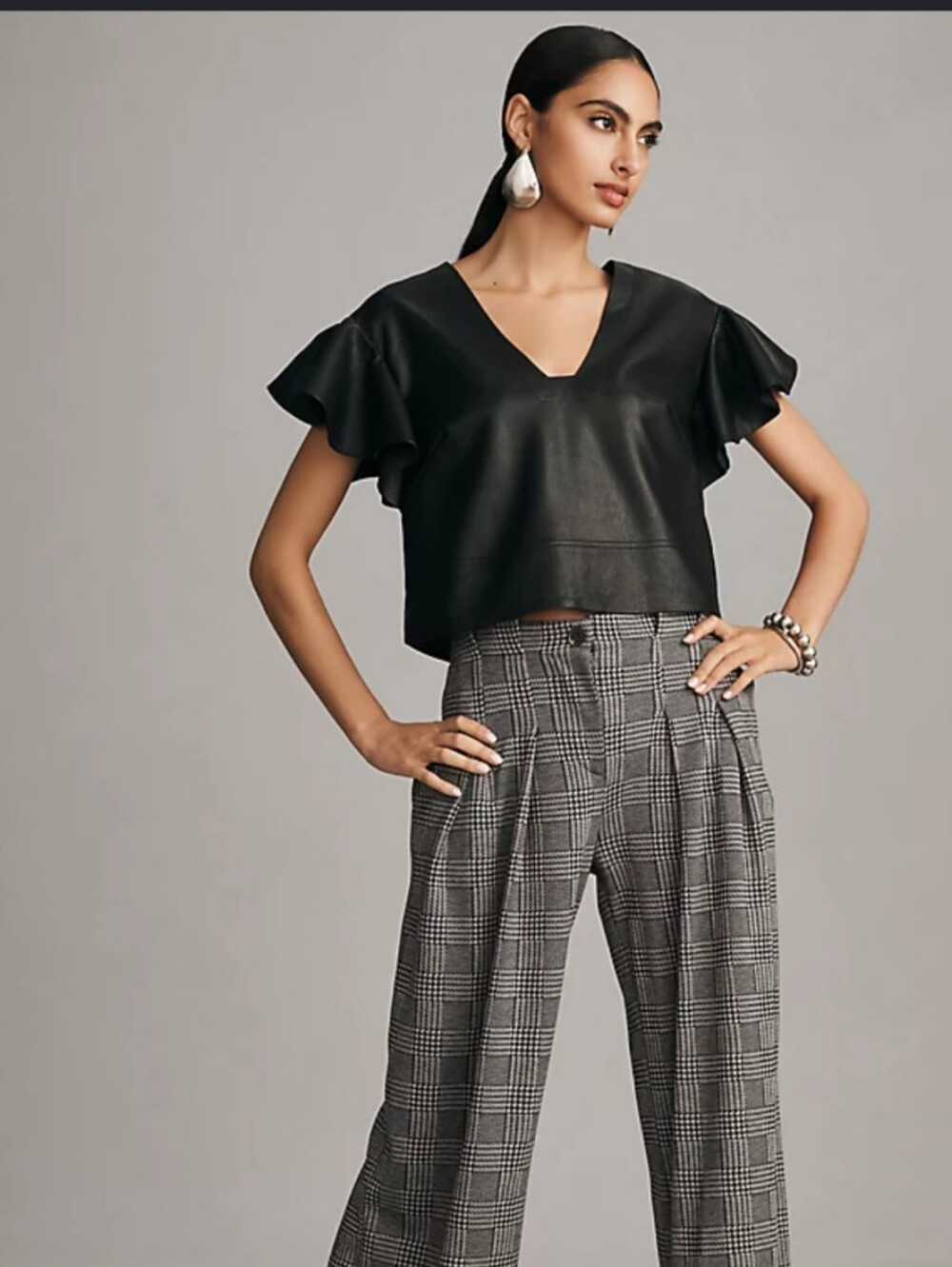 Maeve Cropped Black Faux Leather Ruffle Sleeve V-Neck Blouse